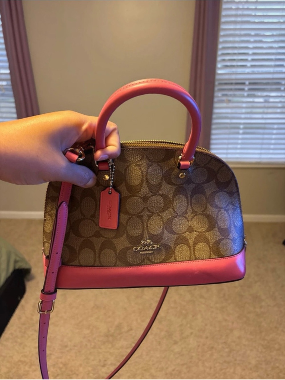 Coach Brown Signature Dome Satchel with Pink Trim